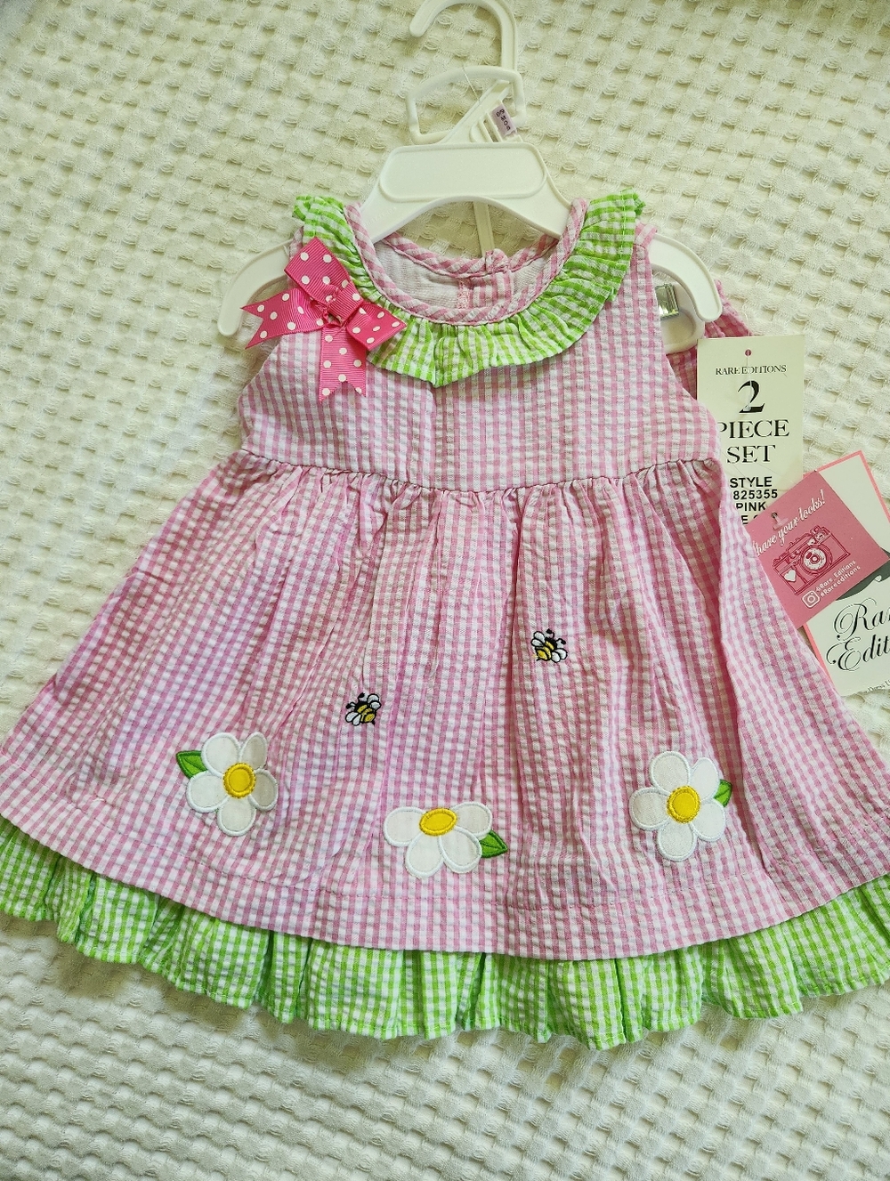 Rare Editions Pink Gingham Baby Dress with Green Ruffle & Daisy Appliqués